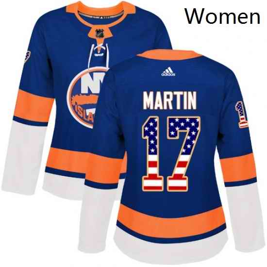 Womens Adidas New York Islanders 17 Matt Martin Authentic Royal Blue USA Flag Fashion NHL Jersey